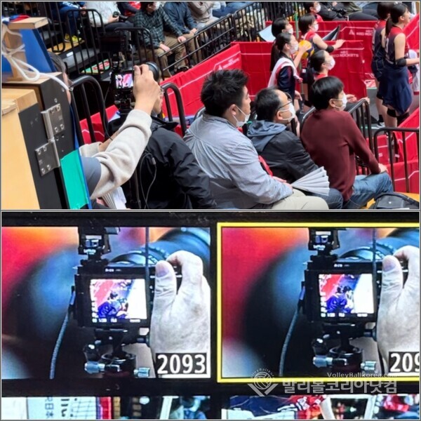 일본 V리그 오오타구 종합 체육관에서 워엄존에 여자선수 엉덩이를 촬영하는 모습.(도쿄=Oosato Emiko 기자)